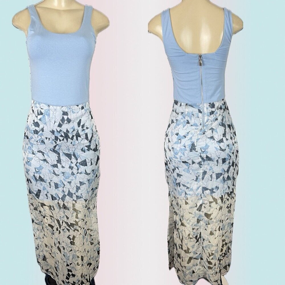 Vince Camuto XS Blue Geometric Scoop Neck Lined Zip Back Sheer Hem Maxi Dress